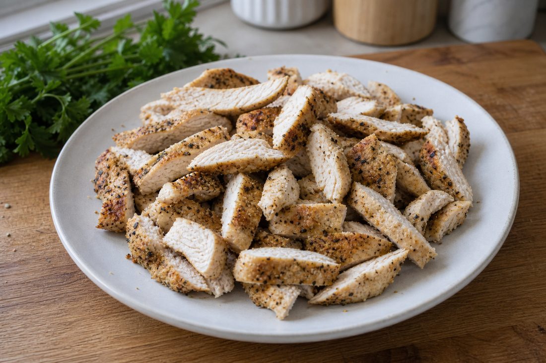 Cooled roasted chicken pieces on a plate for an apple cheddar salad.