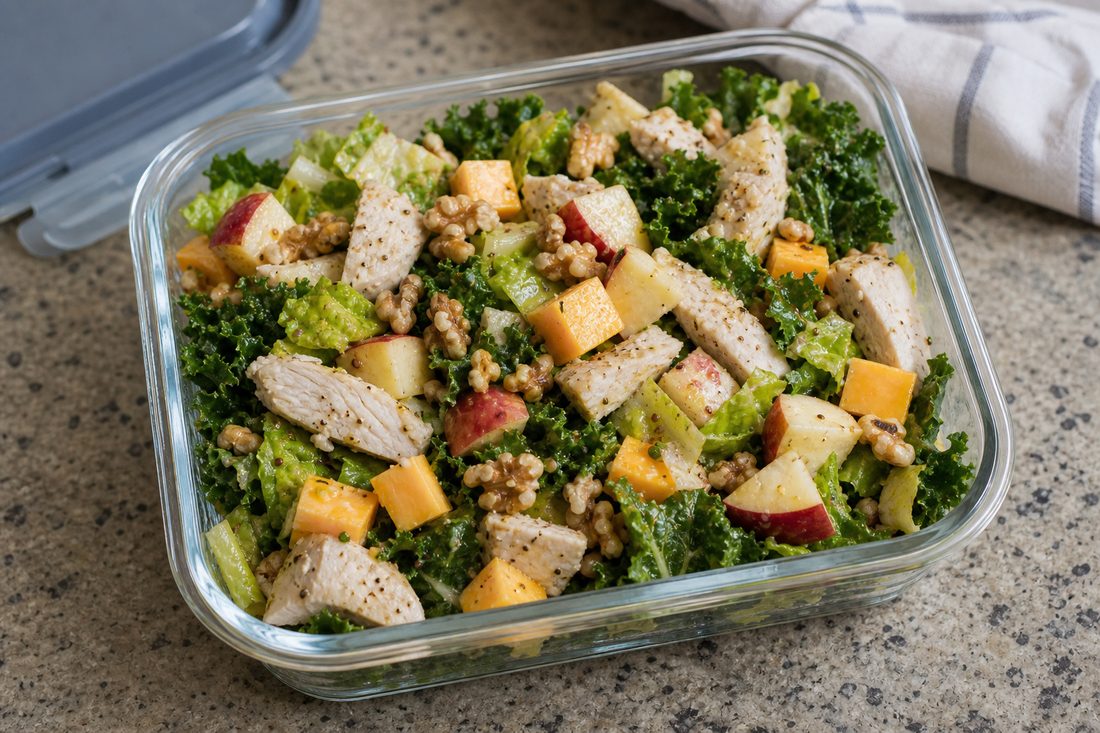 Finished apple cheddar chicken salad in a lunch container with maple mustard dressing and walnuts added.