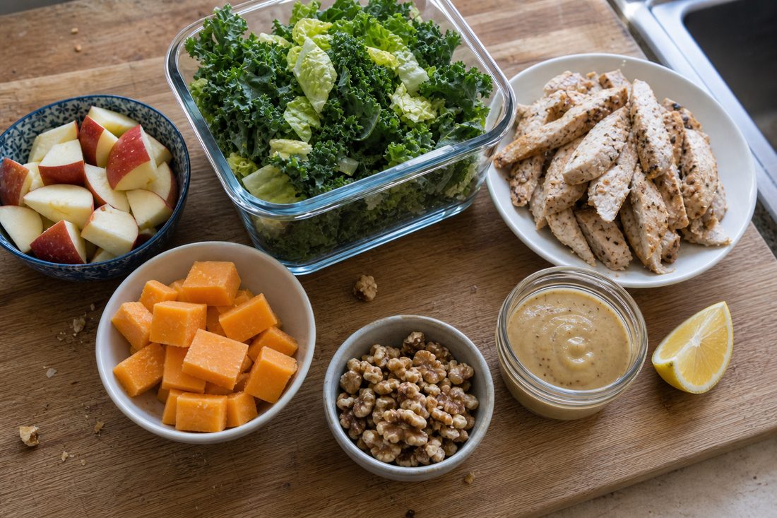 Apple cheddar chicken salad ingredients with greens, roasted chicken, apple, cheddar cubes, walnuts, lemon, and maple mustard dressing.