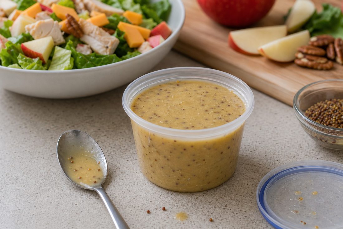 Small cup of maple mustard dressing for apple cheddar chicken salad.