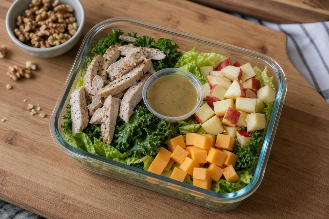 Packed apple cheddar chicken salad box with greens, chicken, apple, cheddar, dressing cup, and walnuts kept apart.
