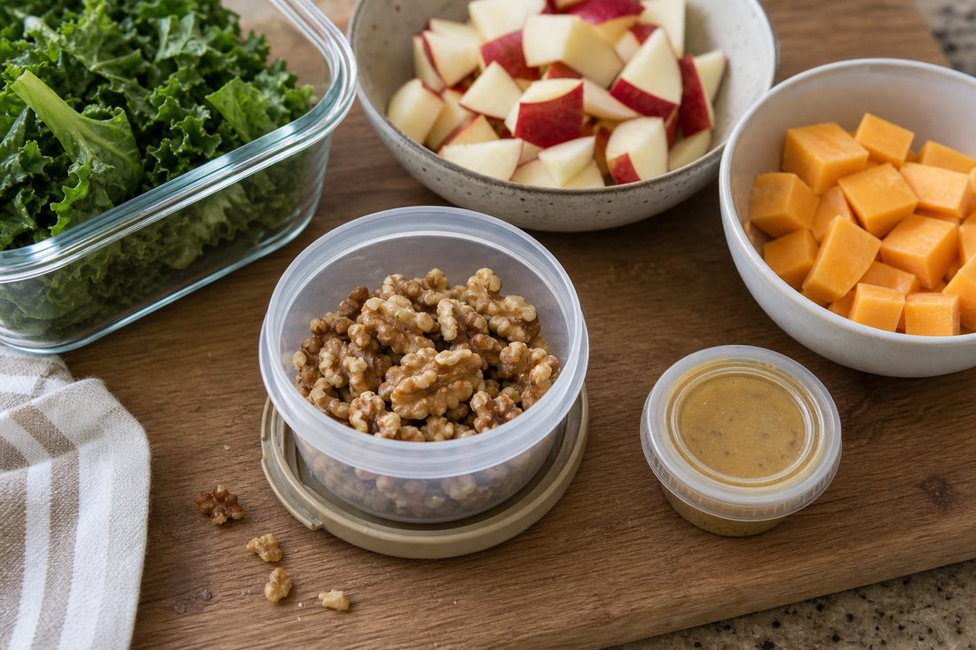 Walnuts packed in a separate dry cup beside apple, cheddar, greens, and maple mustard dressing.