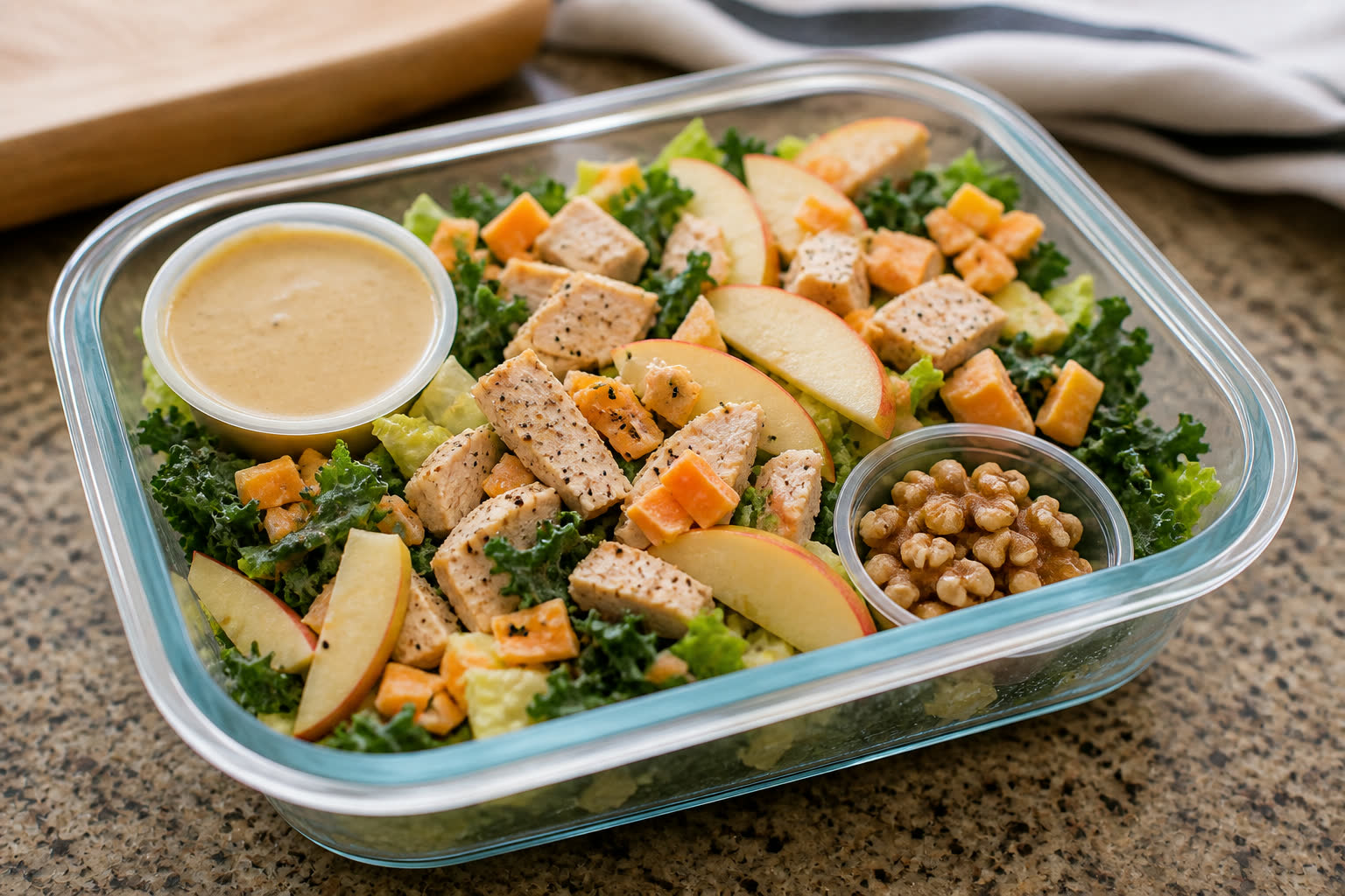Apple Cheddar Chicken Salad with Maple Mustard Dressing prepared as a workday lunch salad.