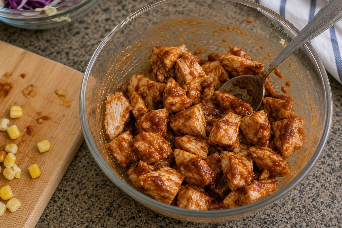 Cooked chicken lightly coated with BBQ sauce in a mixing bowl.