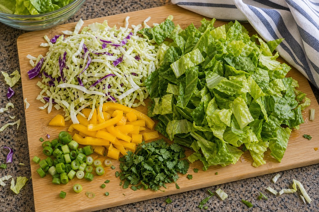 Shredded green and purple cabbage with chopped romaine and vegetables for BBQ chicken salad.