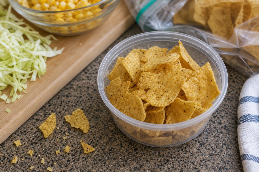 Corn chips kept dry for topping BBQ chicken corn cabbage salad.
