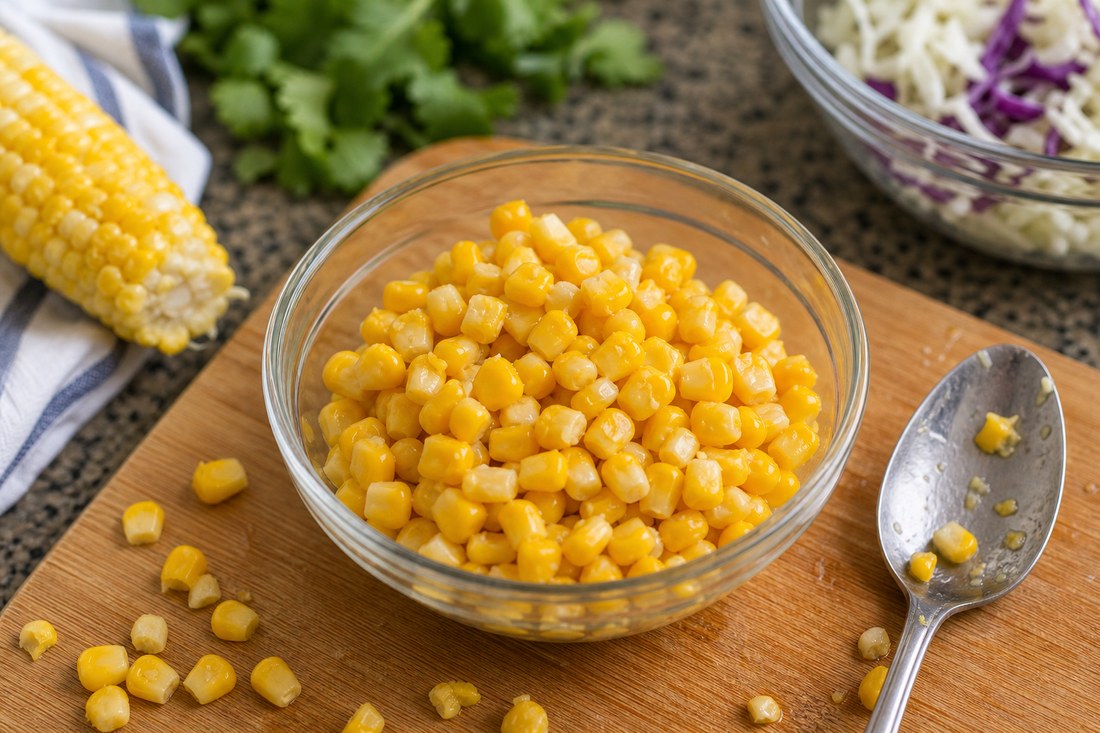 Cooked corn kernels prepared for BBQ chicken corn cabbage salad.