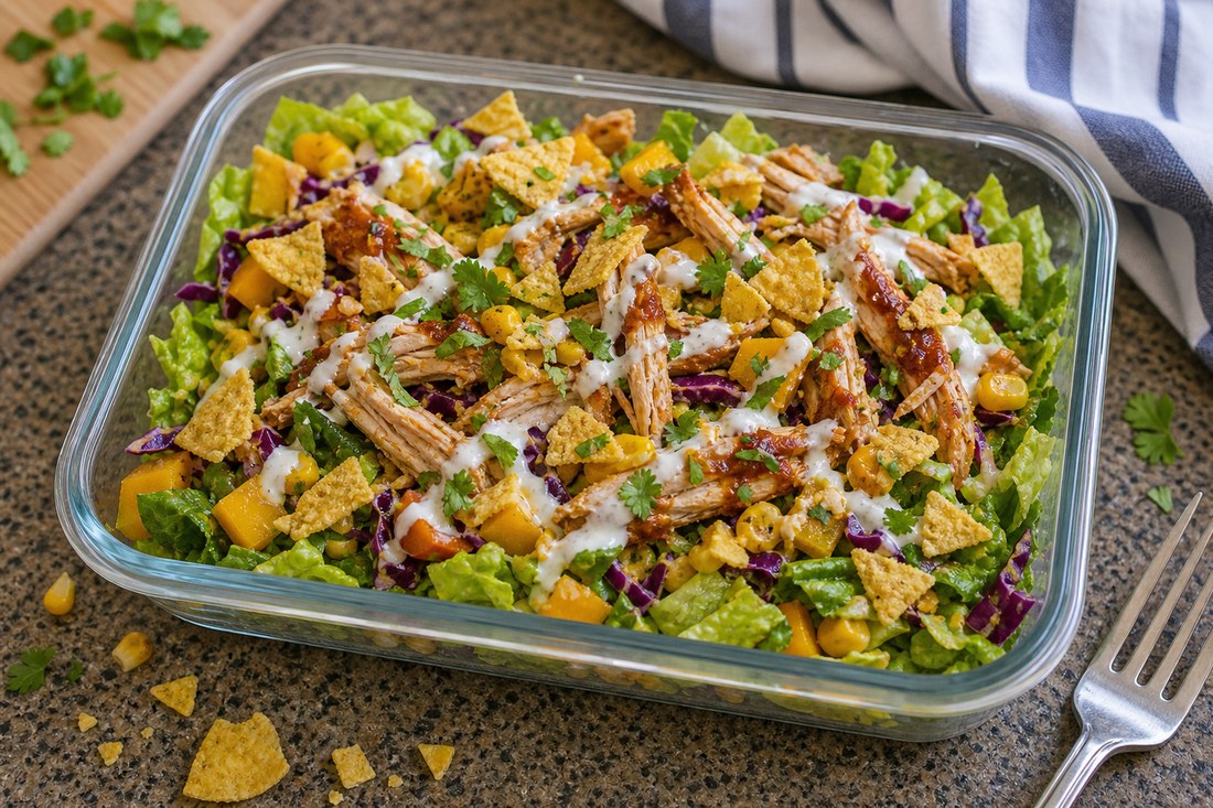 Finished BBQ chicken corn cabbage salad with smoky yogurt dressing and corn chips added.