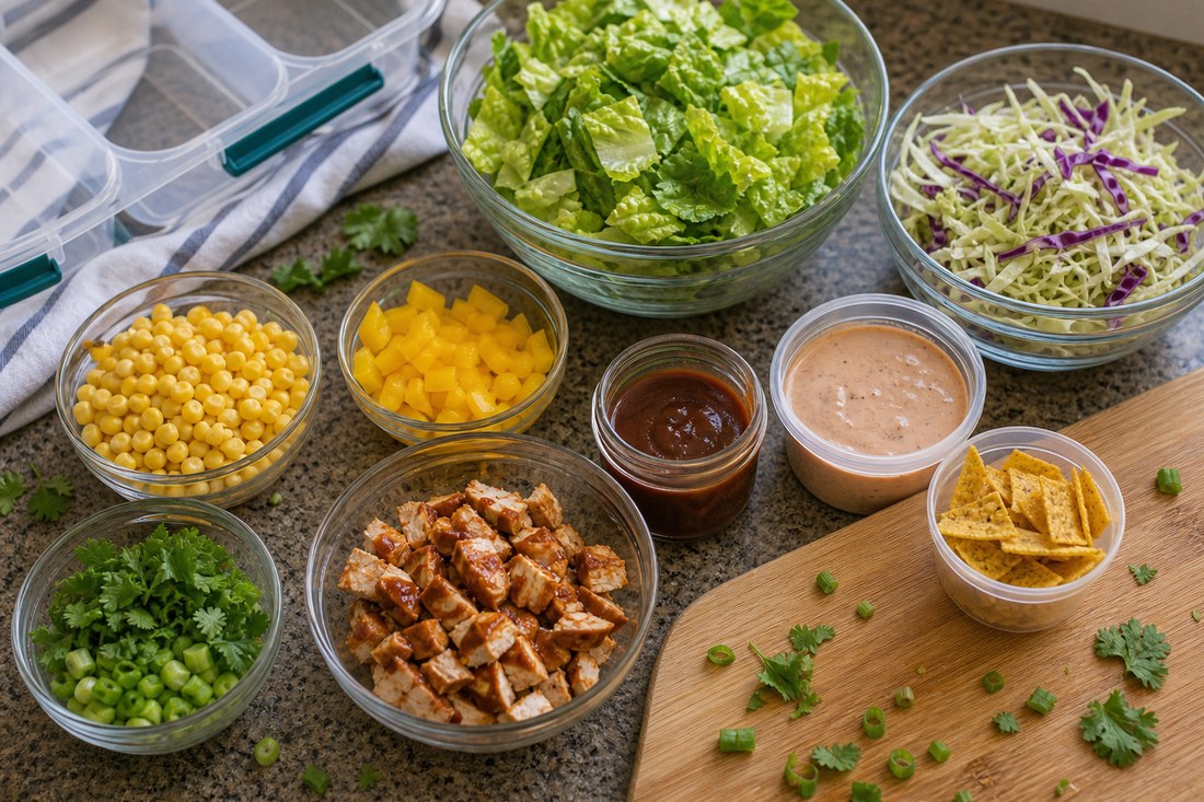 BBQ chicken corn cabbage salad ingredients with cabbage, romaine, corn, chicken, smoky yogurt dressing, and corn chips.