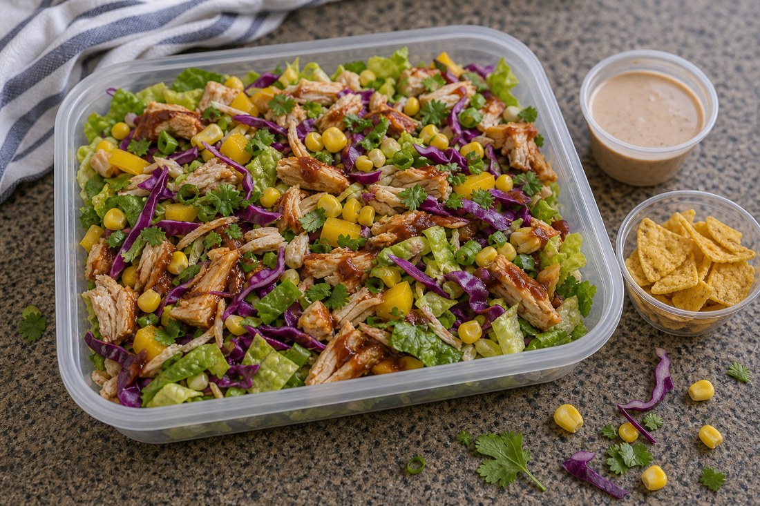 BBQ chicken corn cabbage salad packed in one shallow lunch box with dressing and corn chips separate.