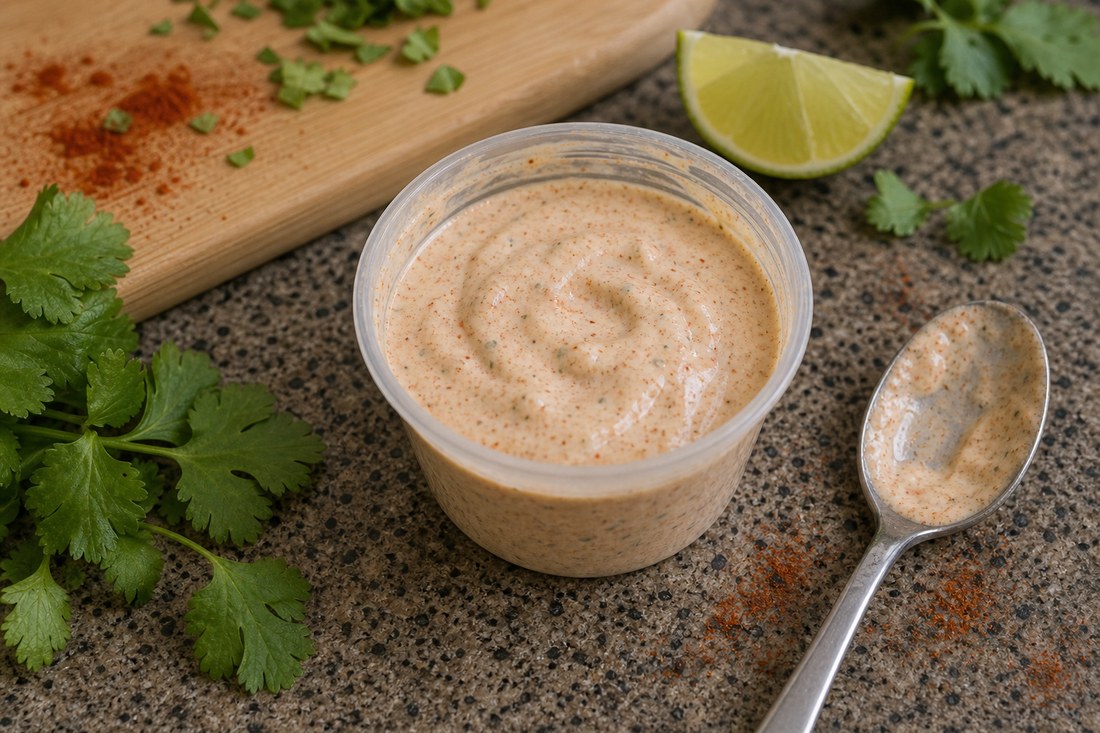 Small cup of smoky yogurt dressing for BBQ chicken cabbage salad.