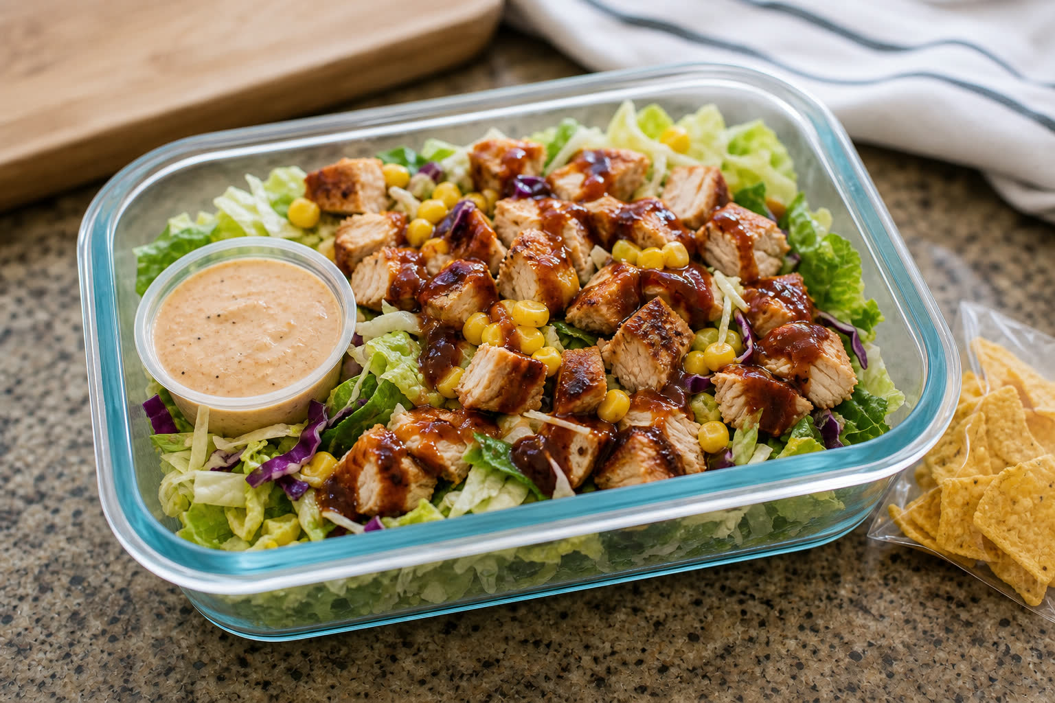 BBQ Chicken Salad with Corn and Cabbage prepared as a workday lunch salad.