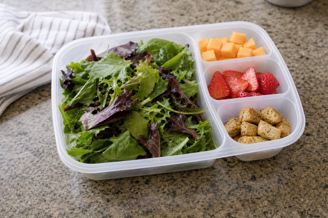 A divided lunch container with salad, fruit, cheese, and dry crunchy toppings in separate sections.