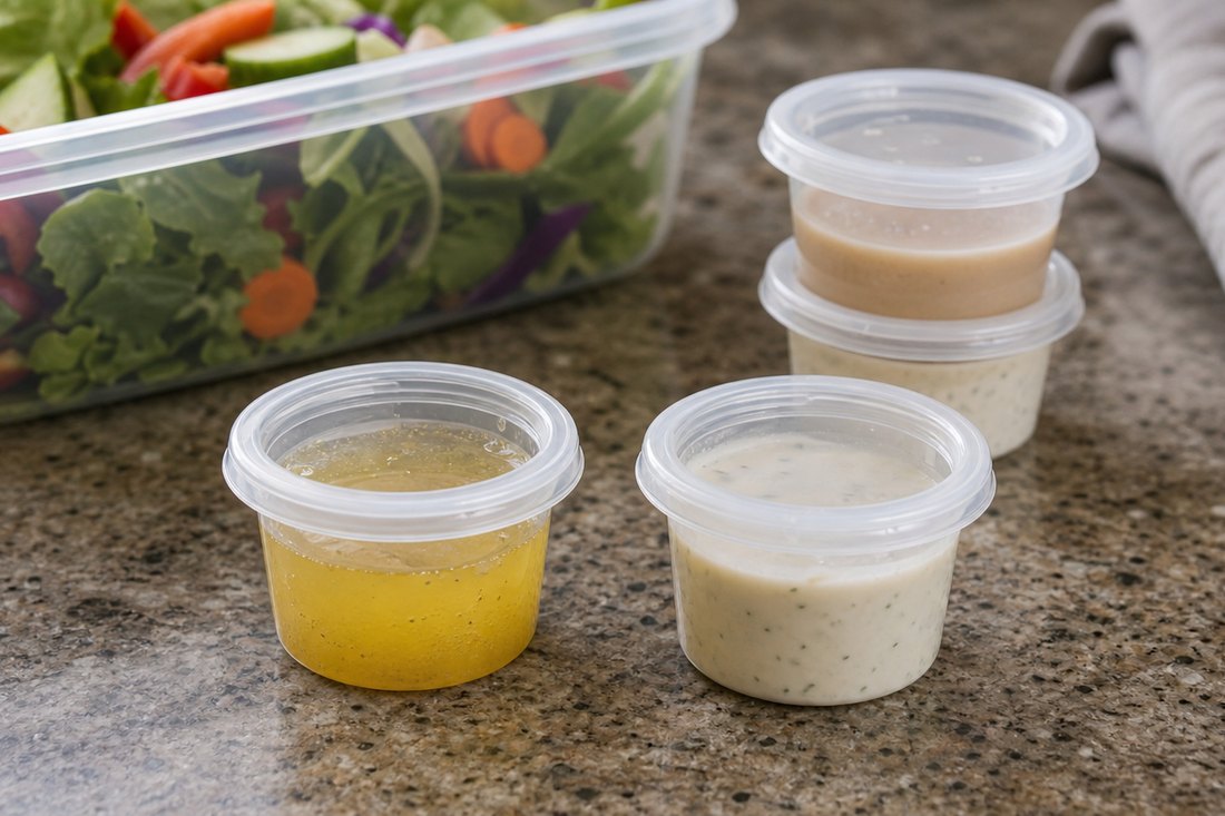 Small sealed dressing cups filled below the rim beside a packed salad container.