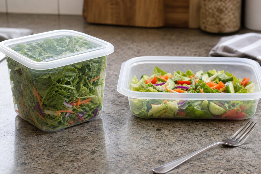 Two salad containers showing a tall crowded box beside a wider shallow box with more room.