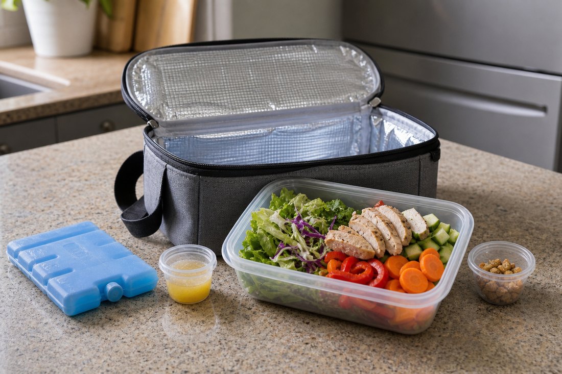 An insulated lunch bag with a salad container, dressing cup, dry topping cup, and ice pack.