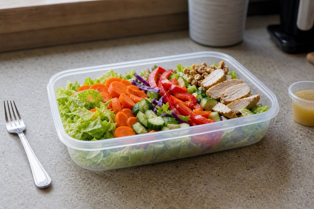 A shallow rectangular salad container with headspace, a fork, and a small dressing cup beside it.