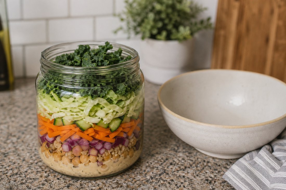 A wide-mouth glass jar layered with sturdy salad ingredients beside an empty bowl.
