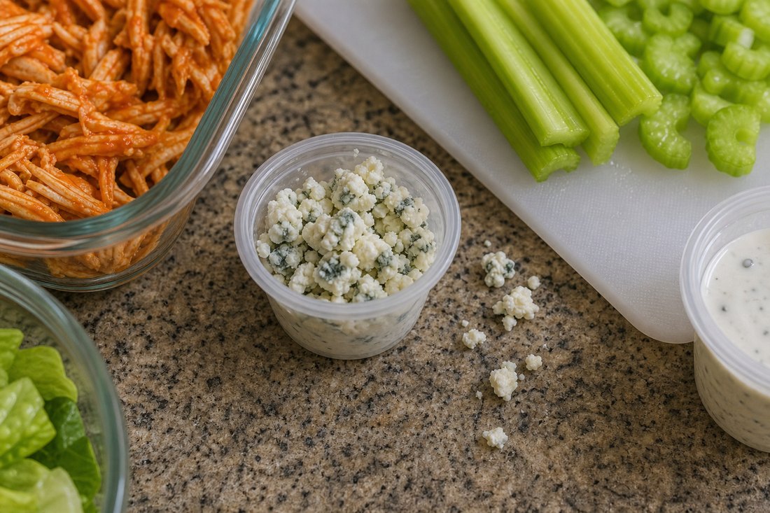 Small portion of blue cheese crumbles for buffalo chicken salad.