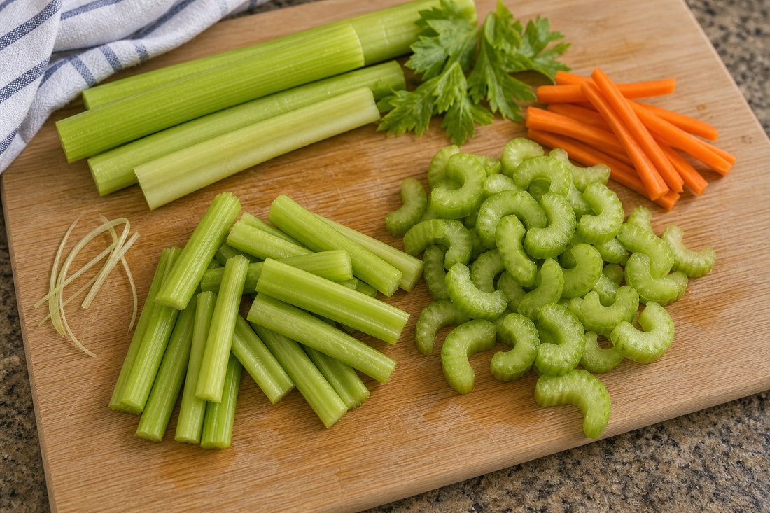 Celery sticks and sliced celery prepared for buffalo chicken salad.