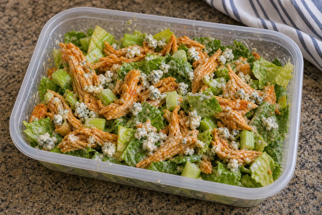 Finished buffalo chicken salad with ranch and blue cheese added lightly.