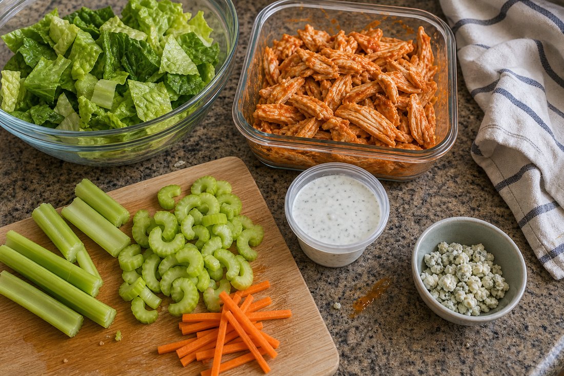 Buffalo chicken salad ingredients with romaine, celery, buffalo chicken, ranch, blue cheese, and carrots.
