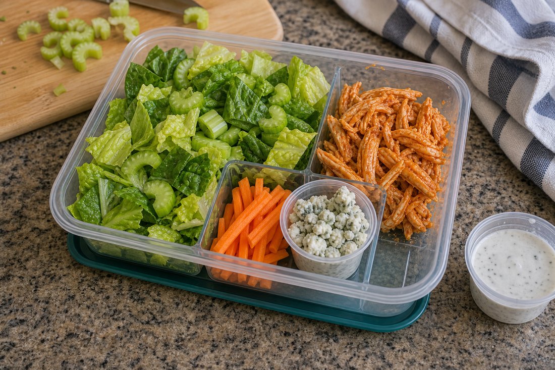 Packed buffalo chicken salad lunch box with ranch and blue cheese separate.