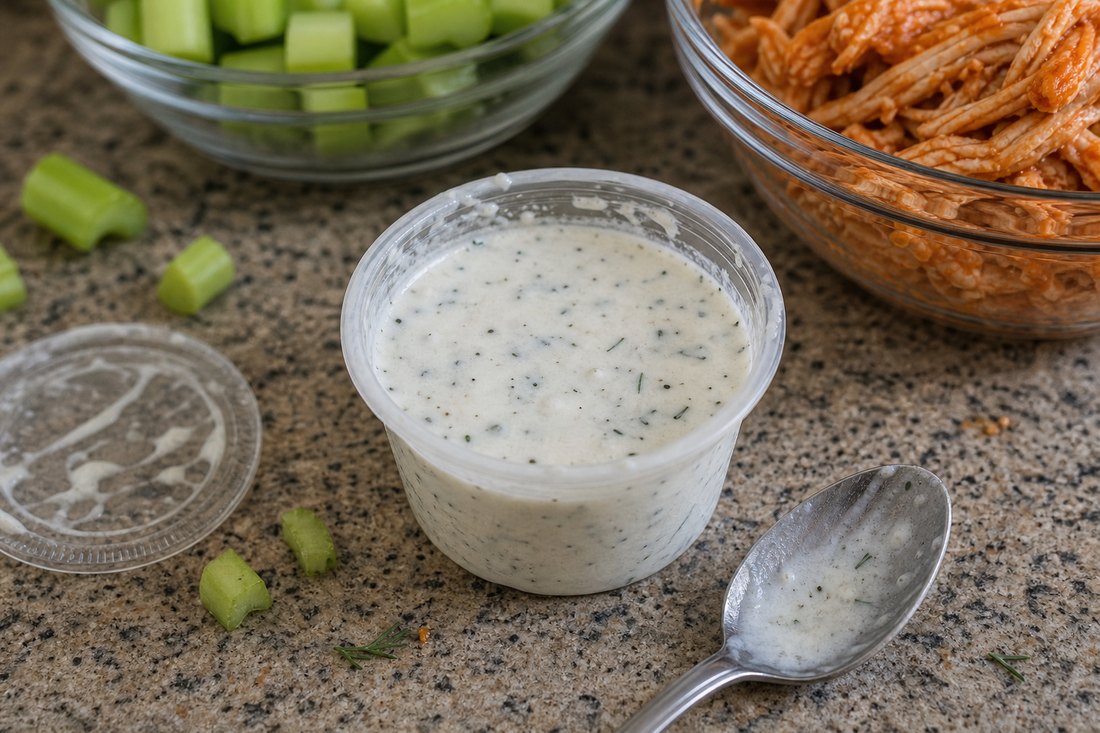 Small cup of Greek yogurt ranch for buffalo chicken salad.