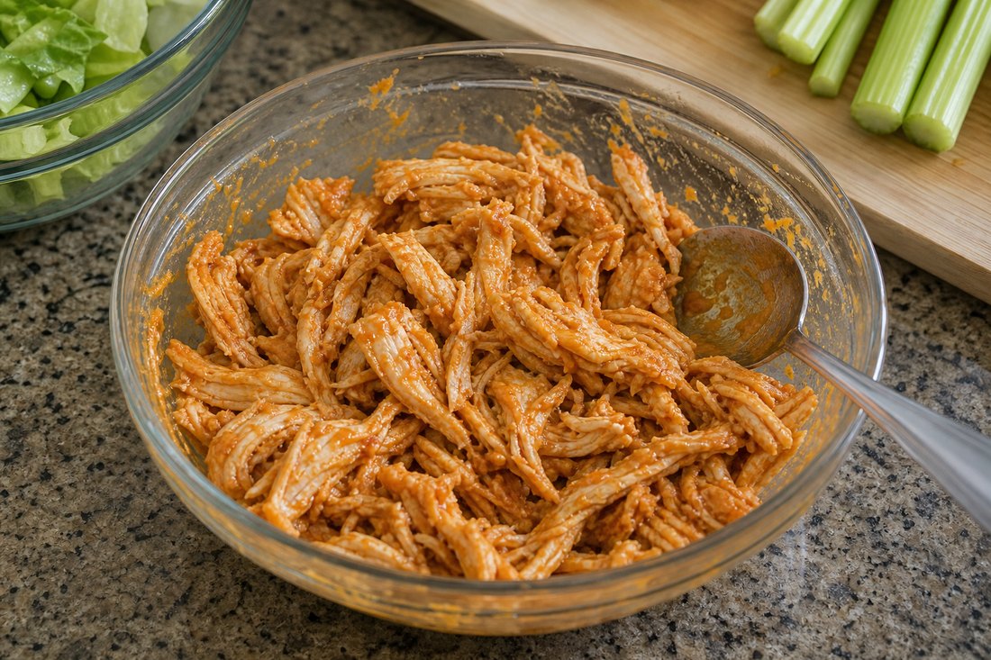 Cooked chicken lightly coated with buffalo sauce without sauce puddles.