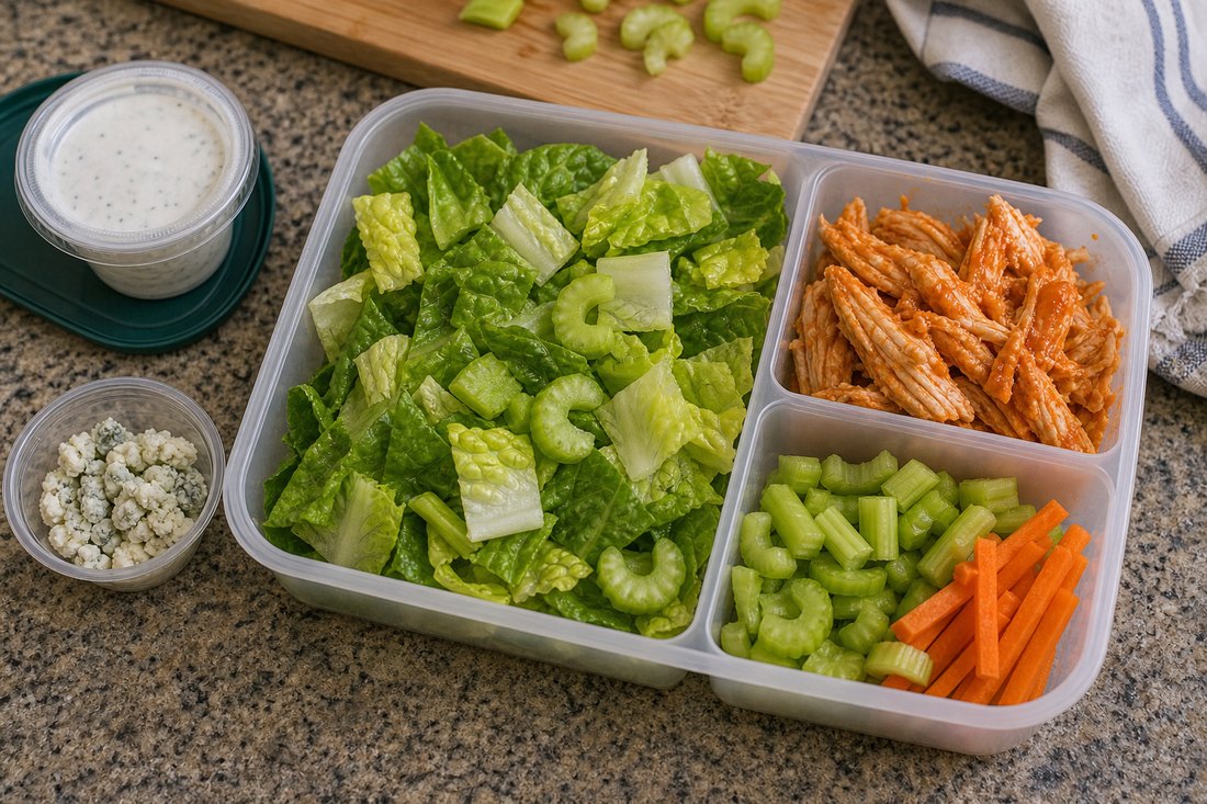 Buffalo chicken salad components packed separately before lunch.