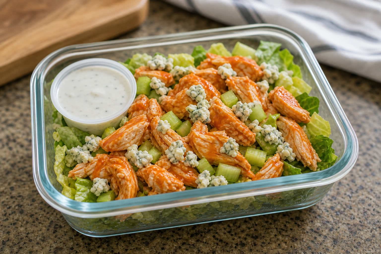 Buffalo Chicken Meal Prep Salad prepared as a workday lunch salad.