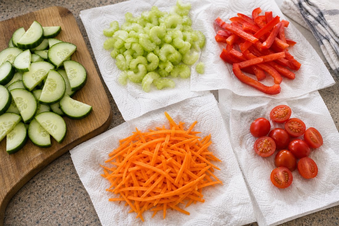 Cucumber, celery, bell pepper, carrot, and cherry tomatoes prepared as crisp salad add-ins.