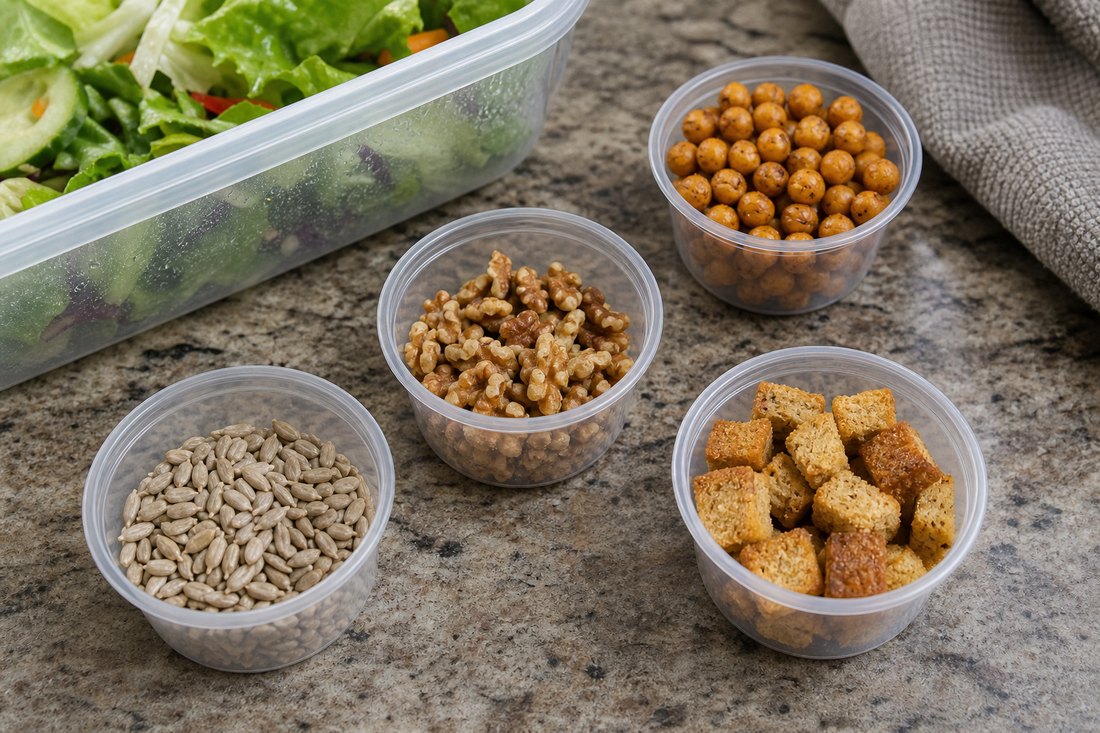 Small cups of sunflower seeds, walnuts, roasted chickpeas, and croutons beside a salad box.