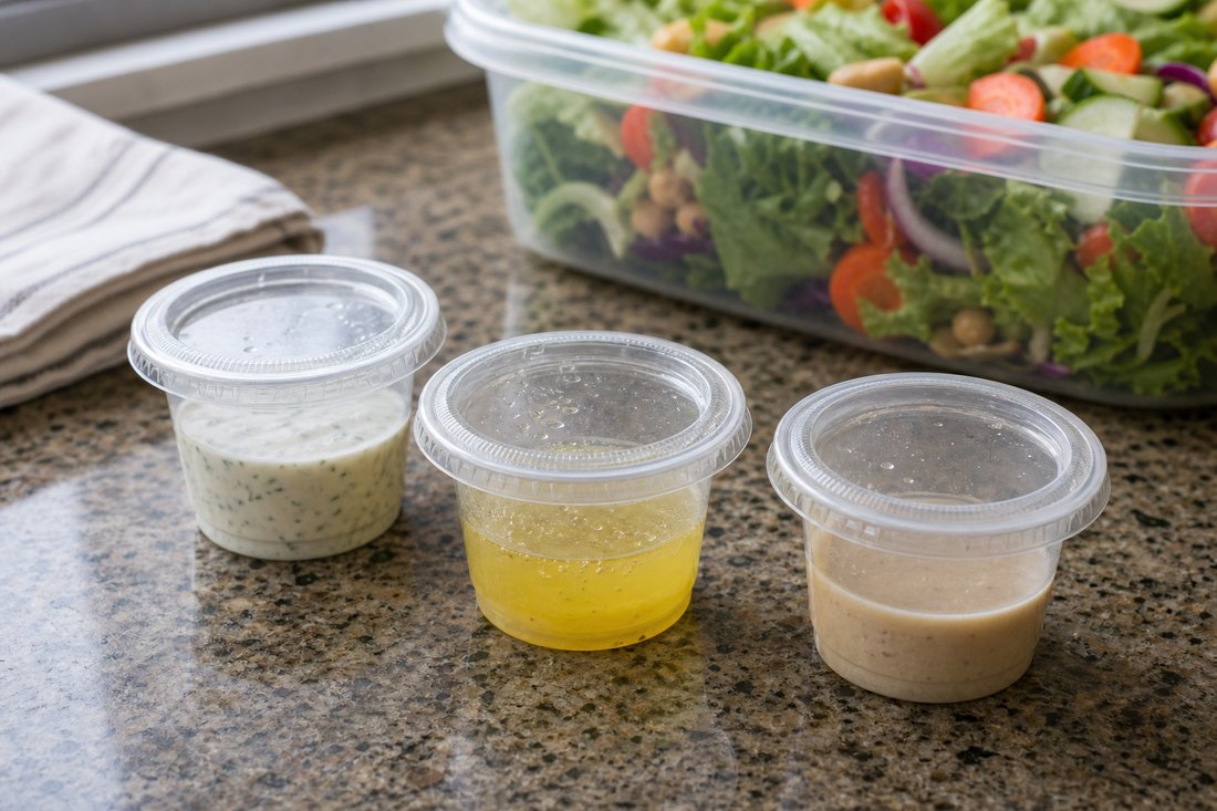 Three small sealed dressing cups beside a packed salad container.