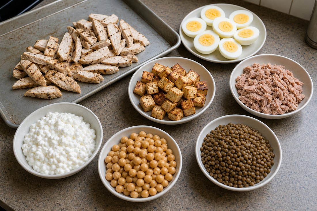Chicken, boiled eggs, tofu, tuna, cottage cheese, chickpeas, and lentils arranged as salad filling choices.