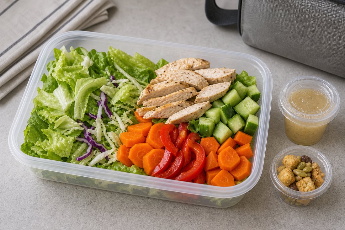 A packed work salad box with greens, chicken, cucumber, carrots, peppers, dressing, and crunchy topping cups.