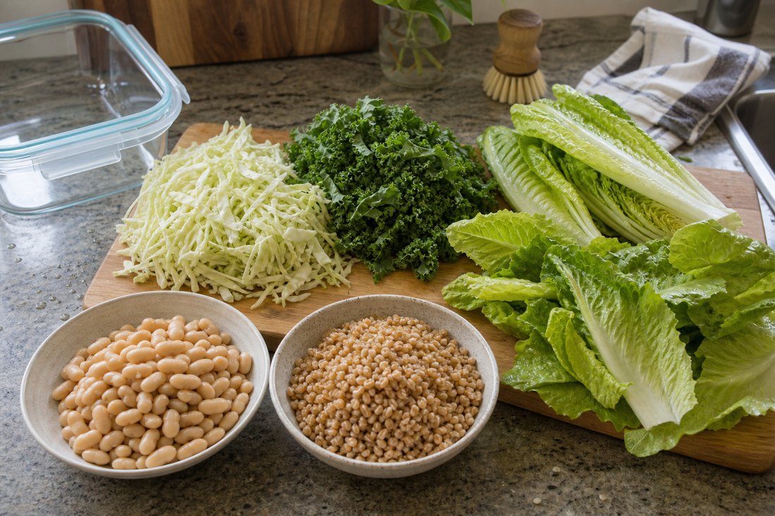 Cabbage, kale, romaine hearts, white beans, and grains set out as sturdy salad bases.