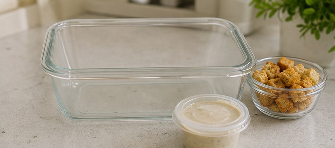 Shallow meal prep container with sealed Caesar dressing cup and dry croutons beside it.