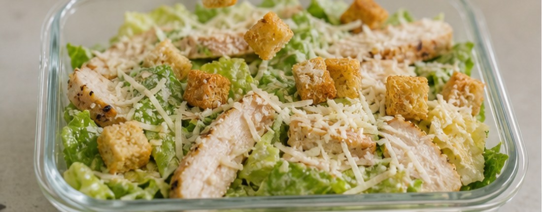 Croutons added last to a dressed chicken Caesar meal prep salad.