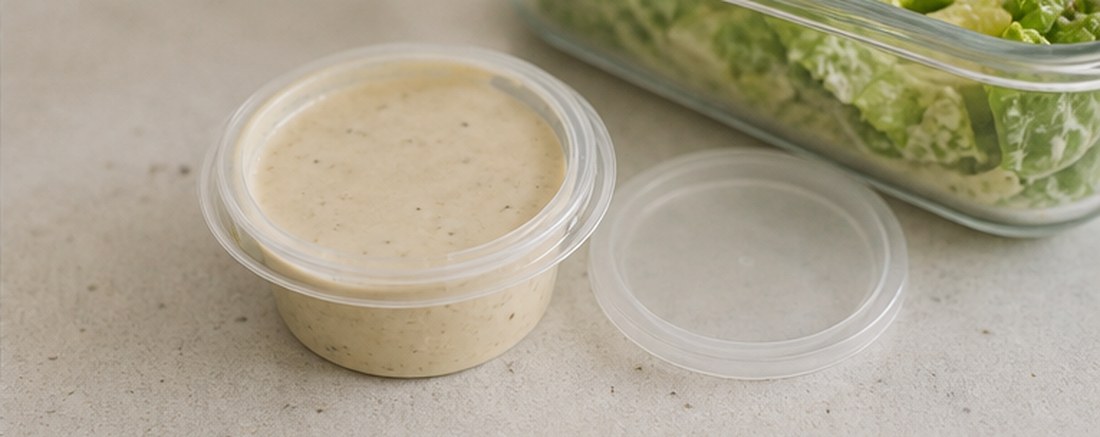 Small sealed Caesar dressing cup beside a packed chicken Caesar lunch container.