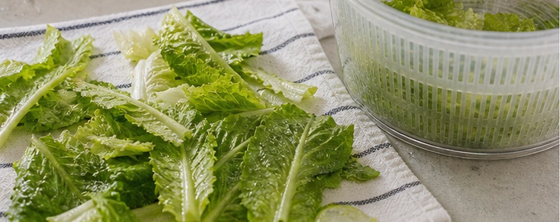 Romaine leaves drying on a kitchen towel beside a salad spinner for chicken Caesar meal prep.