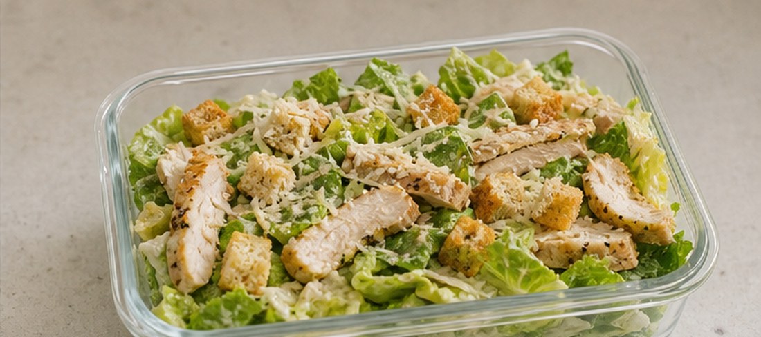 Chicken Caesar meal prep salad after dressing is tossed and croutons are added.
