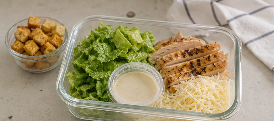 Chicken Caesar meal prep container before mixing with romaine, cooled chicken, Parmesan, dressing cup, and croutons kept separate.