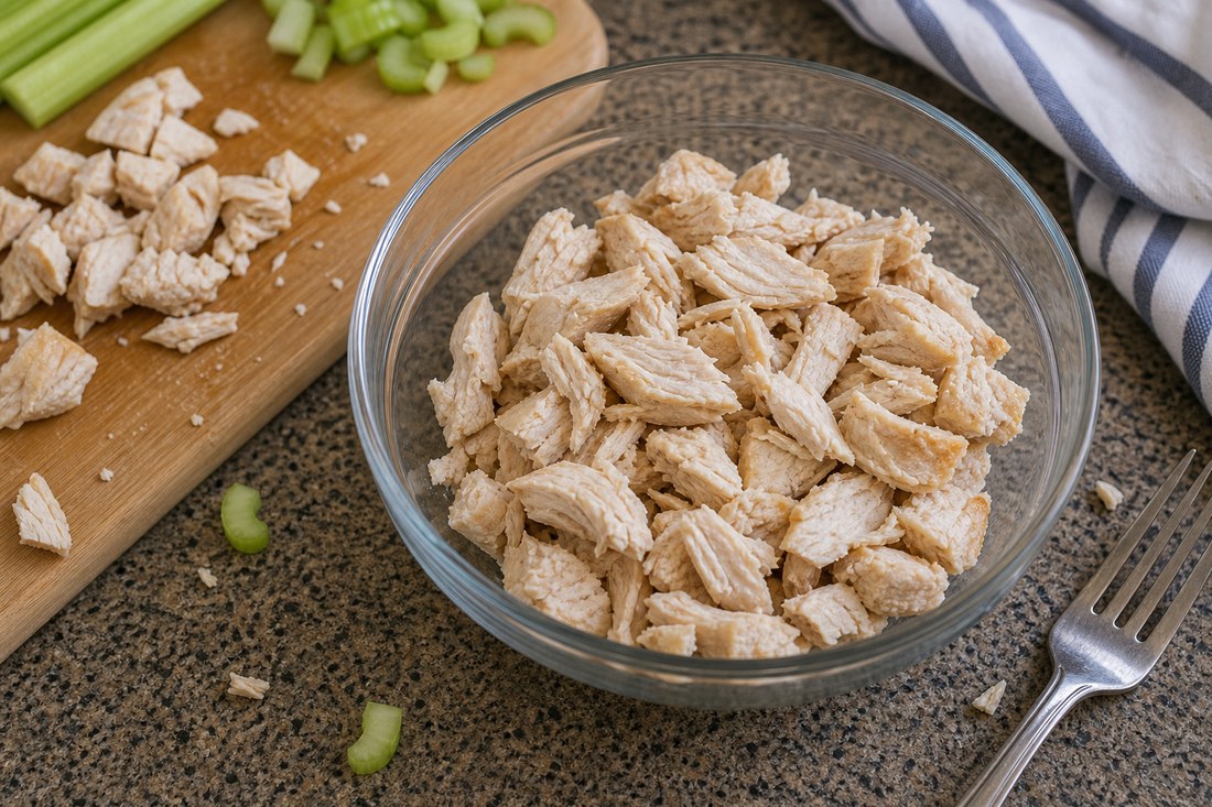 Cooled cooked chicken pieces in a bowl with celery nearby for chicken Waldorf salad.