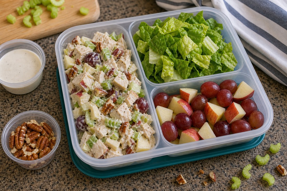 Chicken Waldorf salad packed in a divided lunch container with greens, fruit, dressing, and pecans separate.