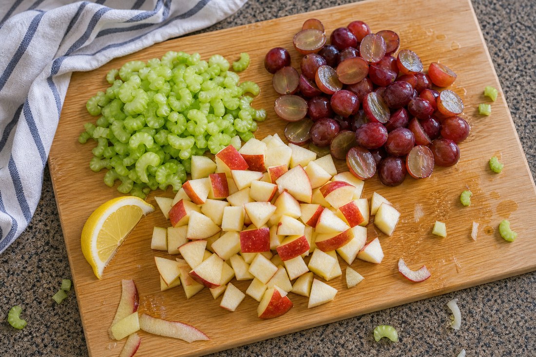 Chopped apple, celery, and grapes on a cutting board for chicken Waldorf salad.