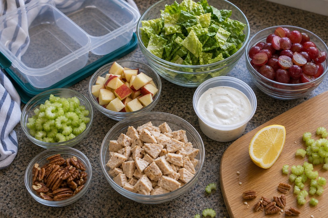 Chicken Waldorf salad ingredients with chicken, romaine, grapes, apple, celery, yogurt dressing, pecans, and lemon.