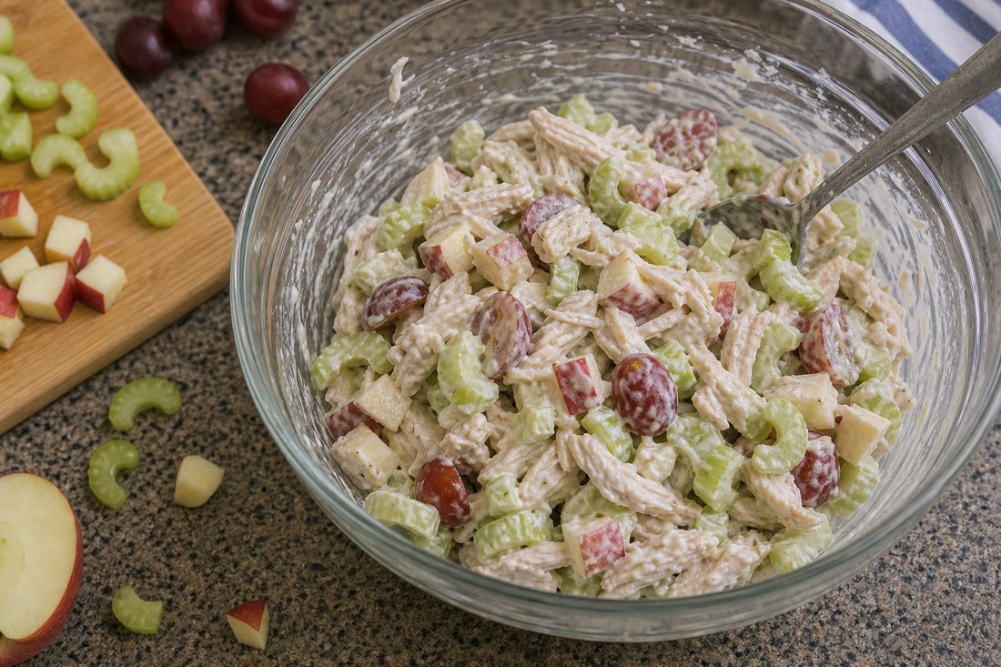 Chicken Waldorf salad mixture with chicken, celery, grapes, apple, and yogurt dressing in a bowl.