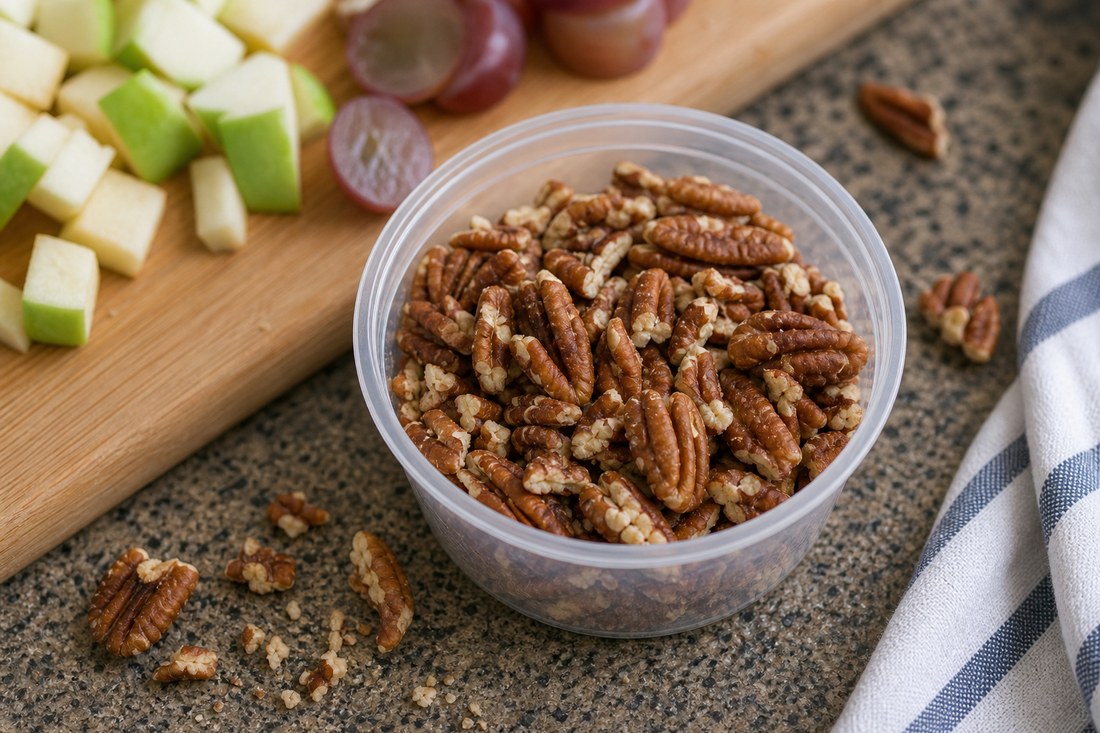 Pecans packed in a small cup for topping chicken Waldorf salad.