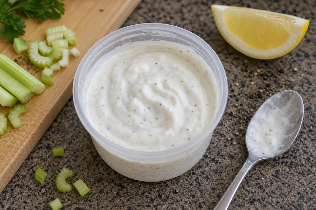 Small cup of light yogurt dressing beside celery and lemon for chicken Waldorf salad.